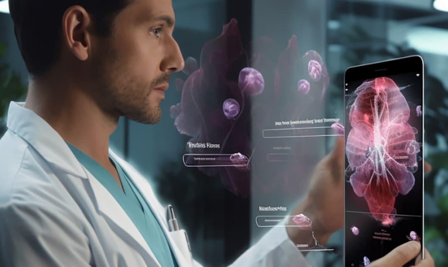 Doctor using augmented reality to study a patient's organ hologram